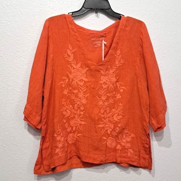 Karyn Seo Woven Roxy 100,% Linen Fig Floral Embroidered Top - Picture 2 of 6